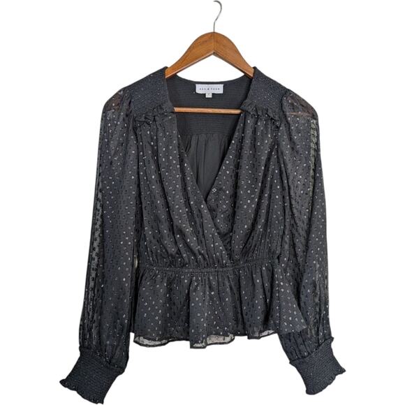 Ash & Eden Swiss Dot Top 4 Black Faux Wrap Peplum Smocked Sheer L/S Shimmer - Picture 9 of 9